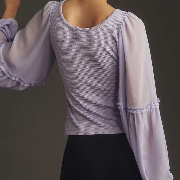 By Anthropologie Balloon-Sleeve Smocked lavender Top size large - Picture 2 of 8